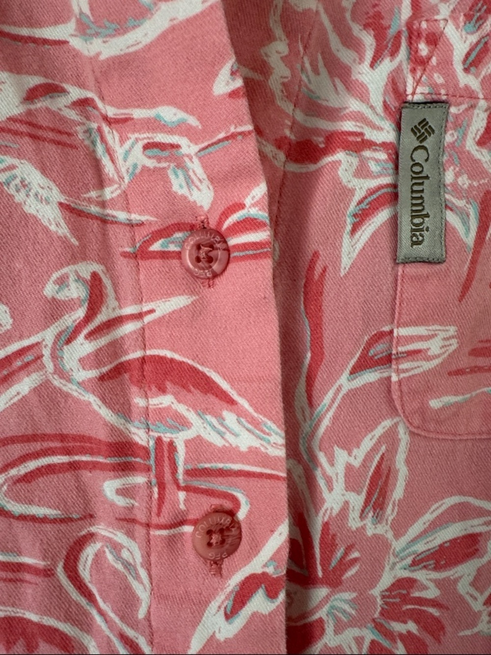 Columbia Coral and White Flamingo Print Button-Up Shirt - Picture 6 of 8